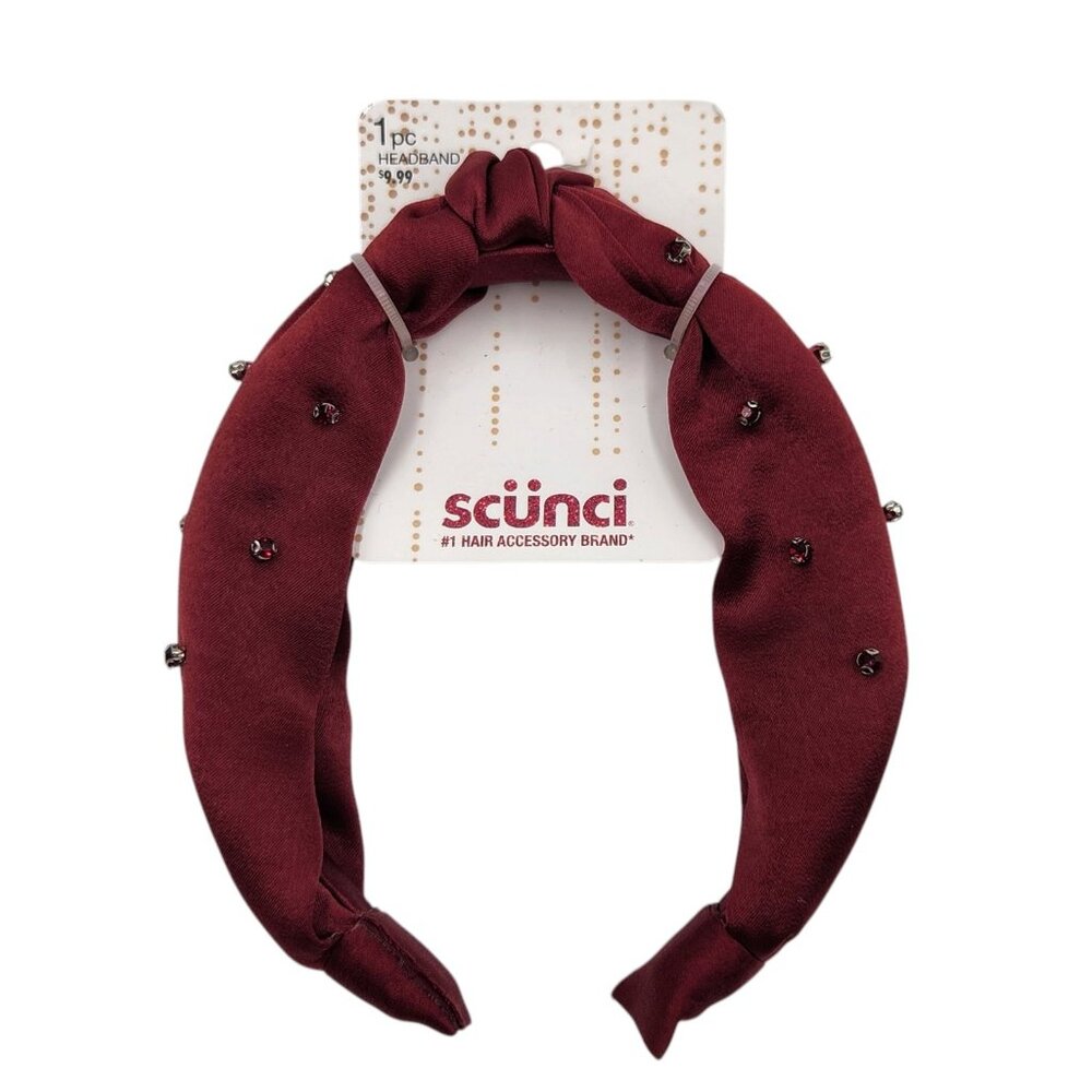 Scunci Hair Headband‎ Womens 1 Pc Red Deep Rose Color Jewels Satin Fabric